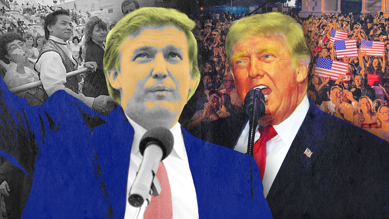 A photoillustration illo of Donald Trump at Trump Taj Mahal during his birthday party on June 26, 1990, and Donald Trump speaking during a rally to kick off the Great American State Fair on the National Mall on June 24, 2026 in Washington, DC.