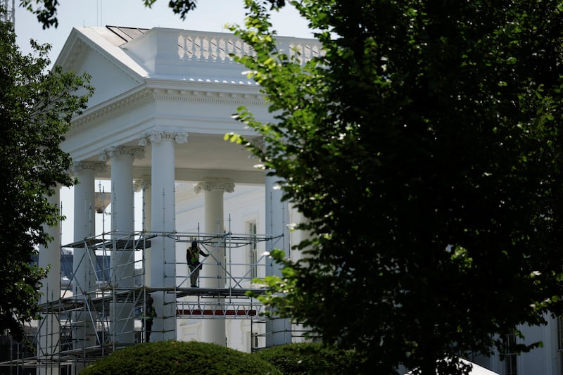 Workers set up scaffolding at the North Portico of the White House in Washington, D.C. on June 30, 2026. A White House official said it was for standard restoration work on the North Portico columns.