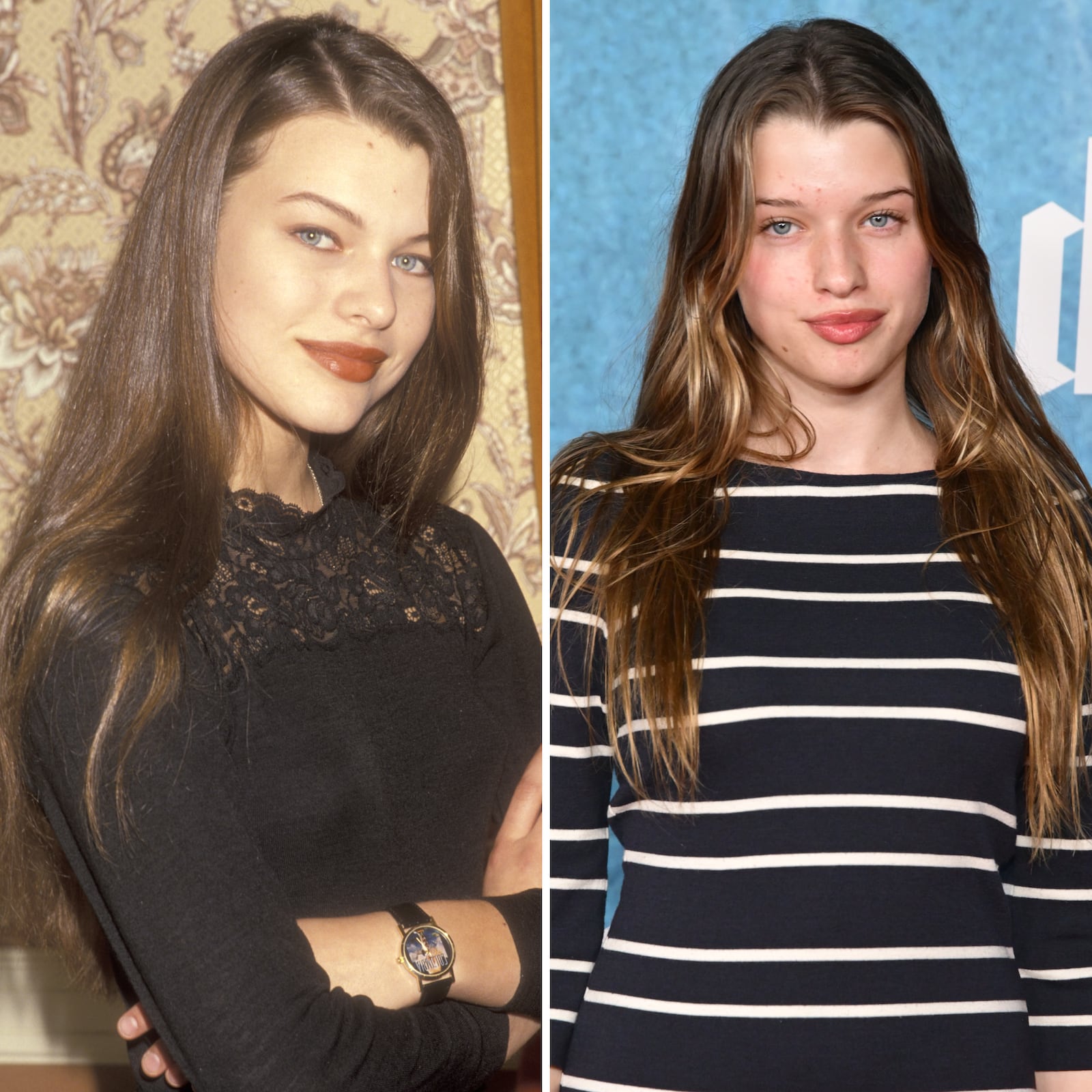 On the left, Milla Jovovich poses in 1991 at approximately age 16; on the right, Ever Anderson poses at the premiere of "Dracula" on Feb. 3, 2026.