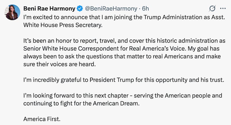Beni Rae Harmony announces her new job.