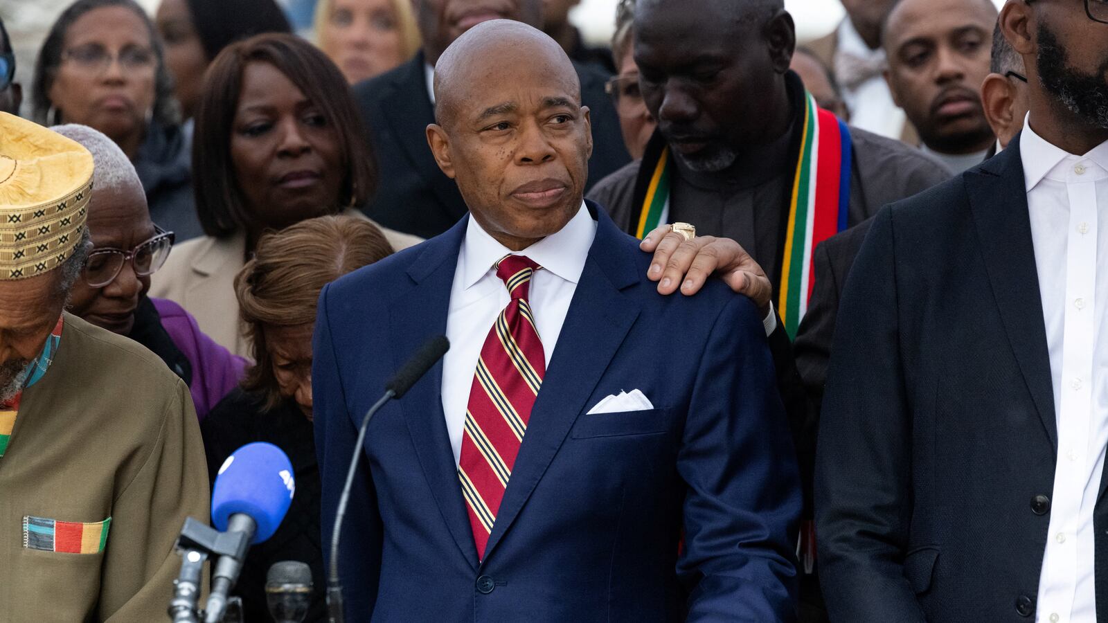 New York City Mayor Eric Adams speaks to the press outside his official residence Gracie Mansion.