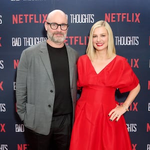 Tom Segura and Christina P attend the premiere of Tom Segura's Netflix Series "Bad Thoughts" at Braindead Studios on May 06, 2025 in Los Angeles, California.