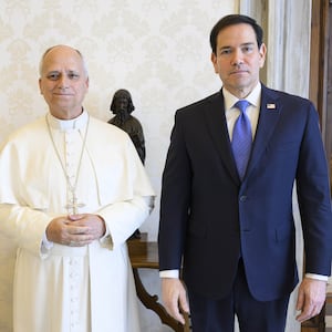 Pope Leo XIV poses with U.S. Secretary Of State Marco Rubio during an audience at the Apostolic Palace on May 07, 2026 in Vatican City, Vatican.