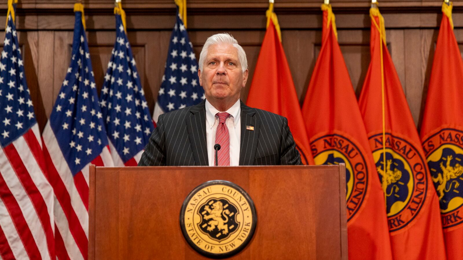 Nassau County Executive Bruce Blakeman discusses the migrant crisis at the Nassau Veterans Memorial Coliseum on Thursday, Aug. 17, 2023 in Mineola, New York.