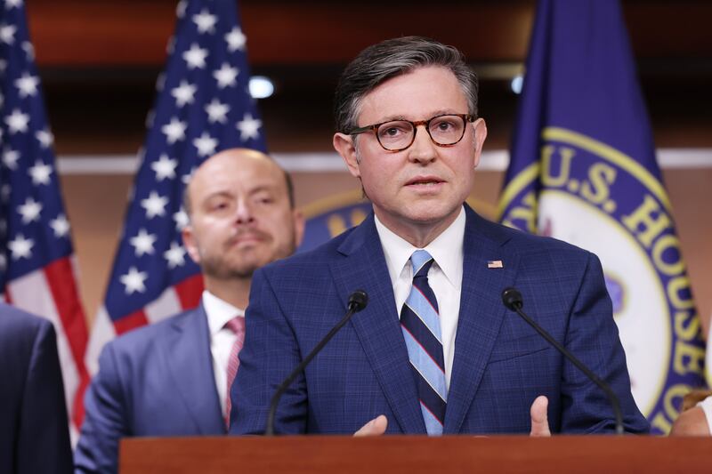 Speaker Mike Johnson, pictured October 16, has become increasingly frustrated with Democrats at his press briefings but has refused to bring back the House and insists there is nothing to negotiate.