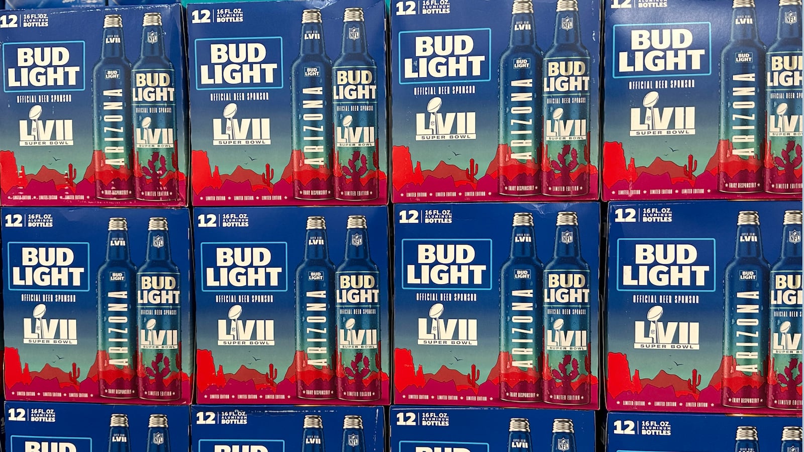 A Bud Light display for Super Bowl 57 at Walmart Supercenter.