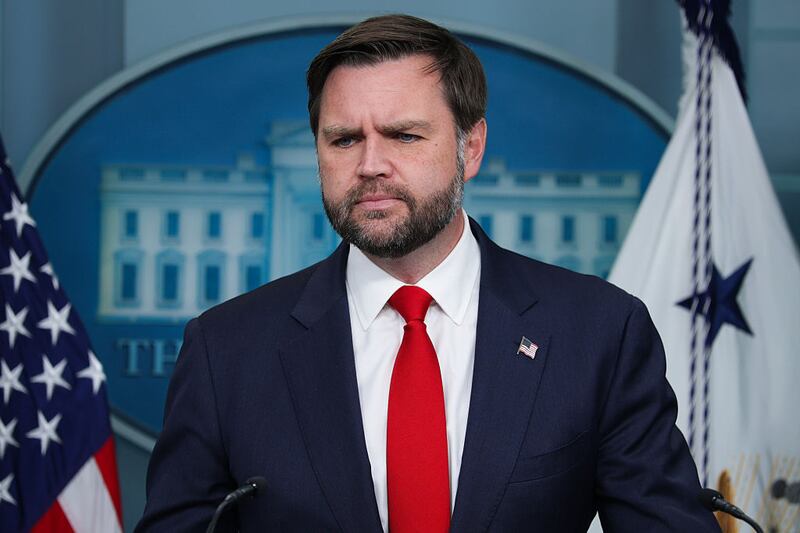 U.S. Vice President JD Vance takes questions from reporters during the daily press briefing in the Brady Press Briefing Room at the White House on October 01, 2025 in Washington, DC.