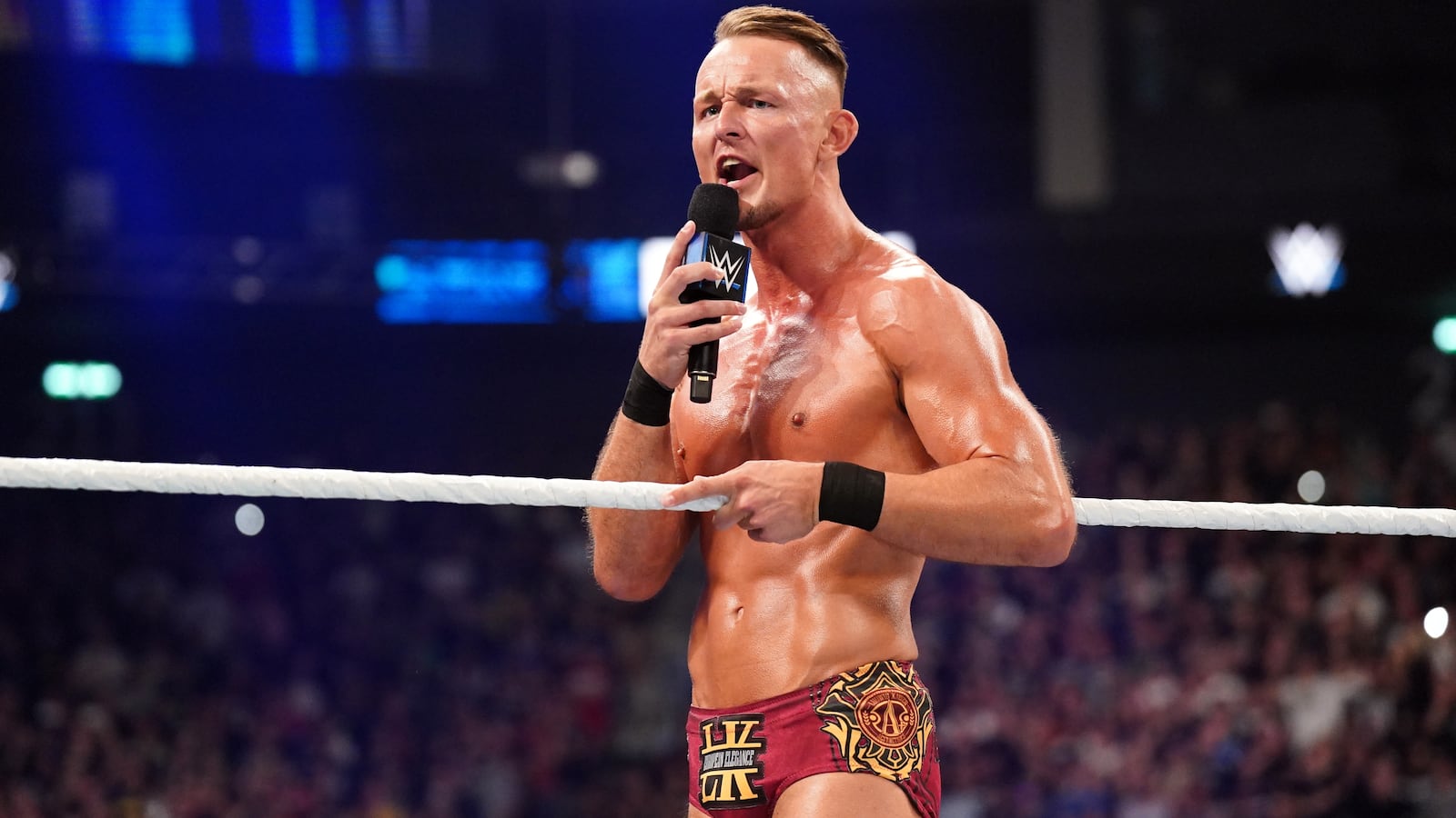 Ludwig Kaiser talks on the microphone during WWE Friday Night SmackDown.