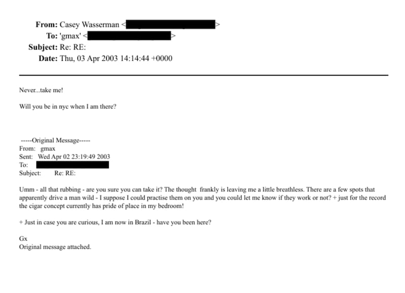 Flirtatious emails between Casey Wasserman and Ghislaine Maxwell.