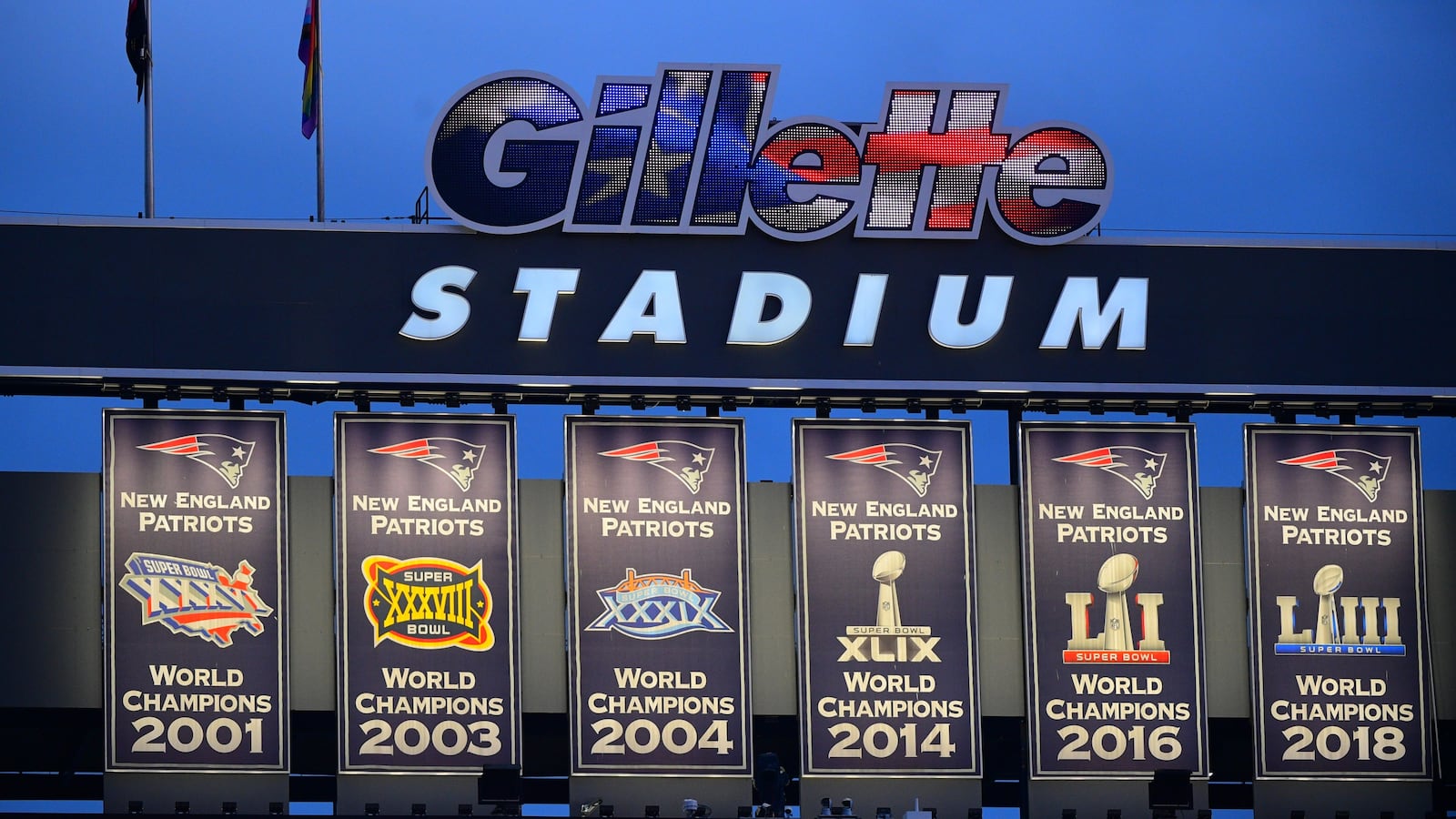 general view of New England Patriots Super Bowl banners during a match between the New England Revolution and Inter Miami CF on June 10, 2023, at Gillette Stadium in Foxborough, Massachusetts