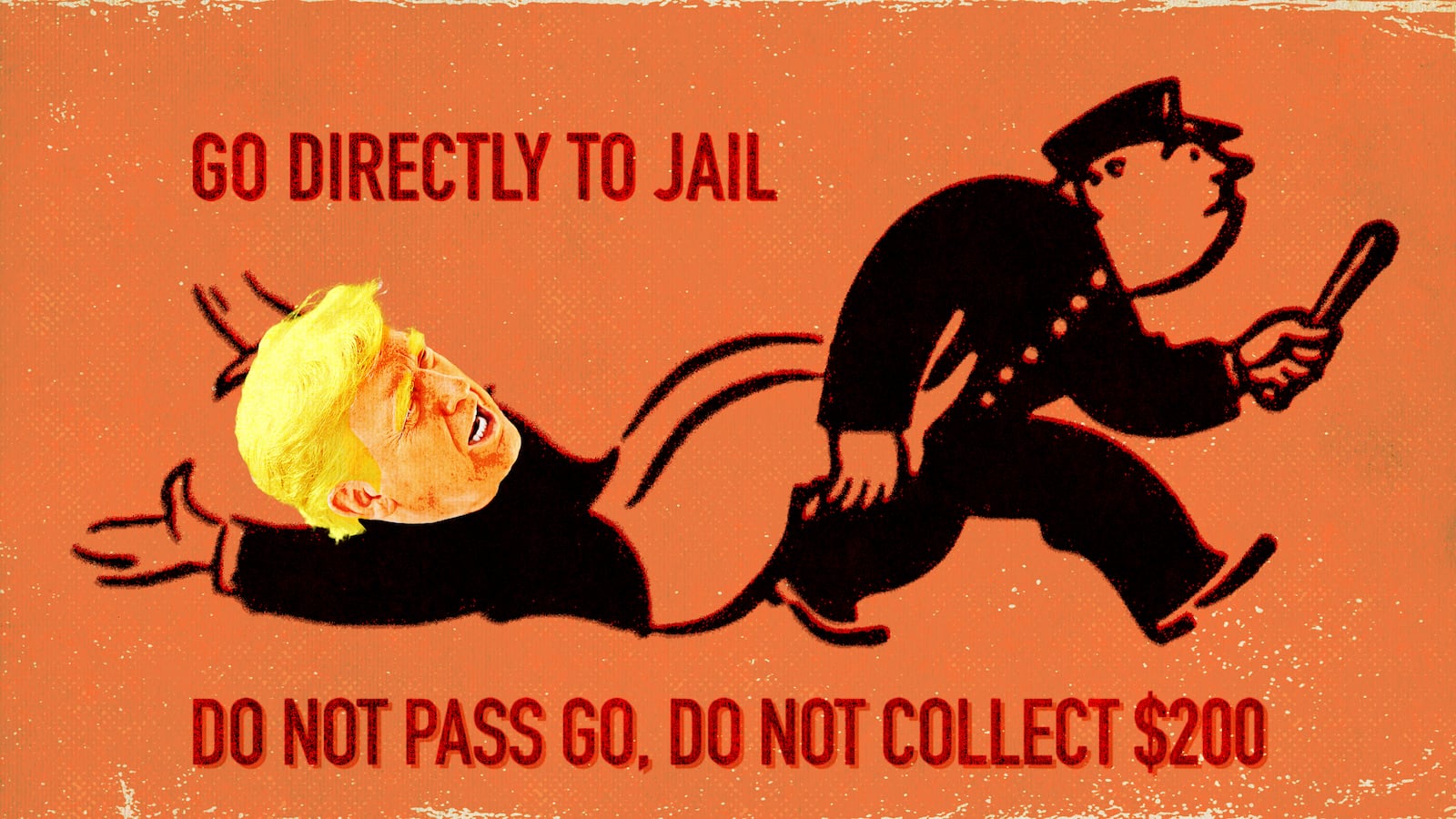 A photo illo illustration of Donald Trump in a Go To Jail Chance card from Monopoly.