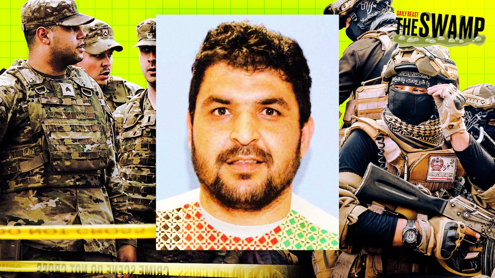 A photo illustration of National Guard soldiers at the shooting scene in DC, suspect Rahmanullah Lakanwal, and ANP soldiers in Kabul, Afghanistan.