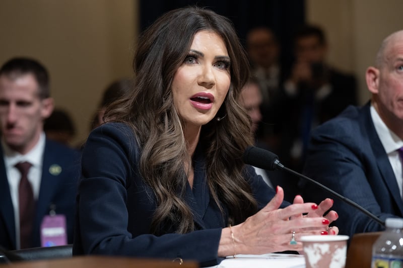 Secretary of Homeland Security Kristi Noem testifies during a House Homeland Security Committee hearing titled "Worldwide Threats to the Homeland" on Capitol Hill in Washington, DC, on December 11, 2025.