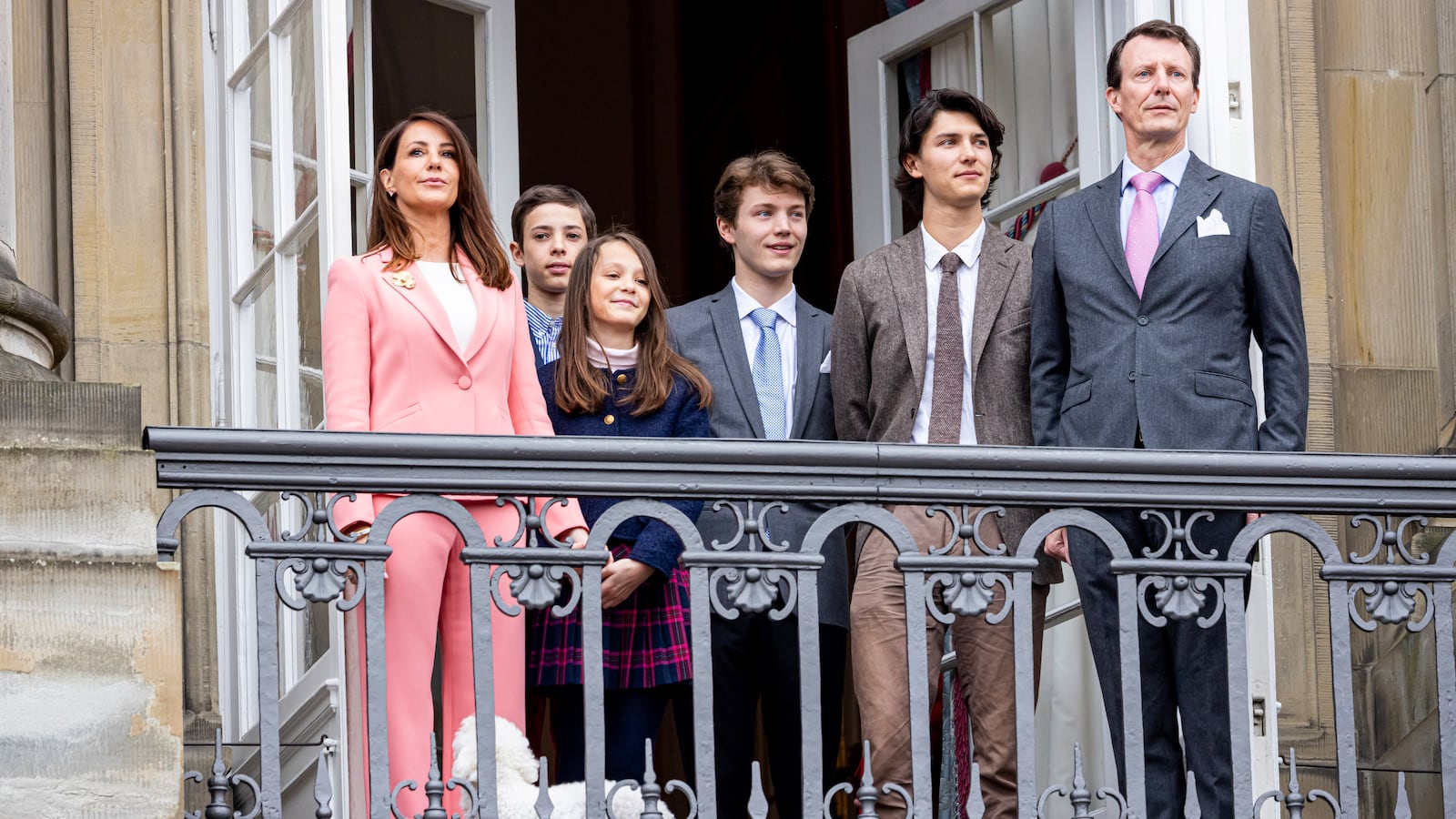 Prince Joachim of Denmark, Princess Marie of Denmark, Count Nikolai of Denmark, Count Felix of Denmark, Count Henrik of Denmark and Countess Athena of Denmark at the balcony of Amalienborg Palace.
