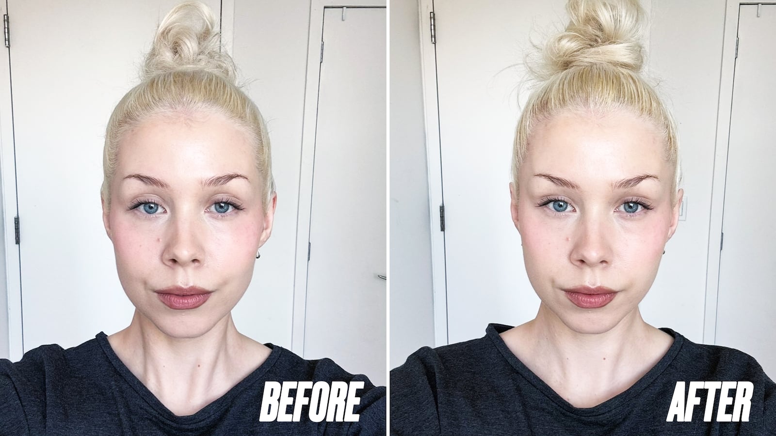 Roosa Rahkonen shows her hair bun before and after
