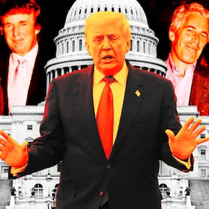 A photo illustration of Donald Trump, Jeffrey Epstein, and the Capitol building.