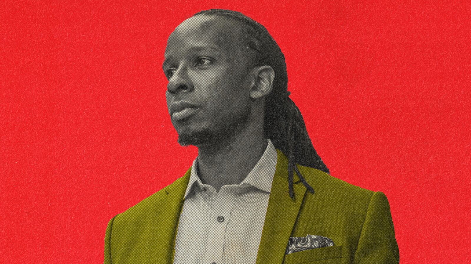 A photo illustration of Ibram Kendi wearing a yellow blazer on a red background