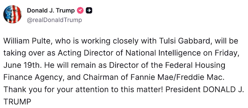 Trump's Truth Social post about Bill Pulte