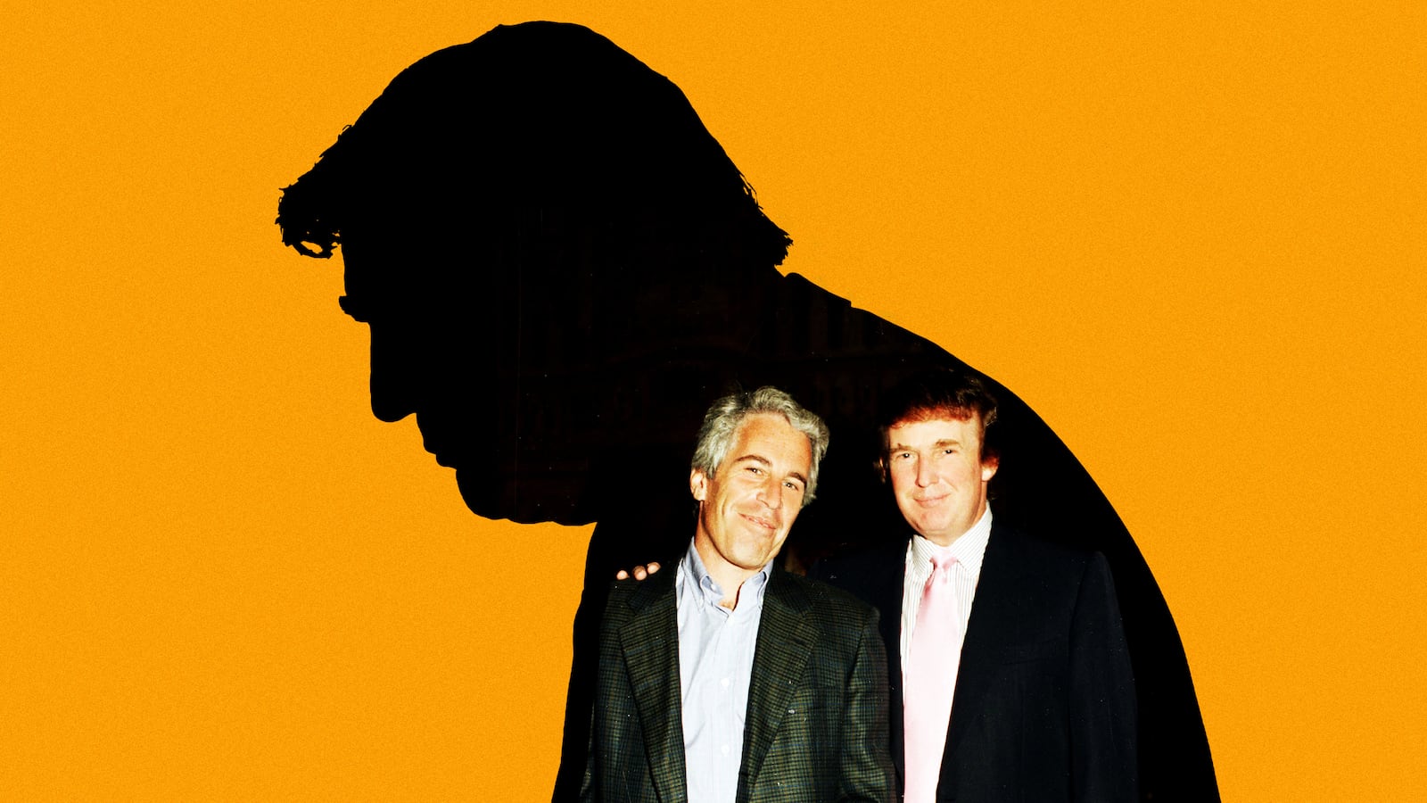 A photo illustration of an archival photo of Jeffrey Epstein and Donald Trump within a silhouette of President Donald Trump.