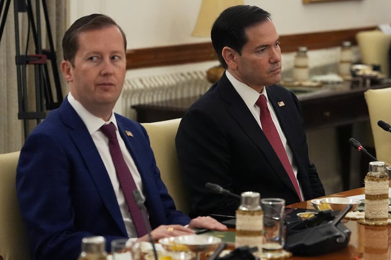 U.S. Secretary of State Marco Rubio and U.S. Ambassador to India Sergio Gor listen during the Quad ministerial meeting at Hyderabad House in New Delhi, India, Tuesday, May 26, 2026.