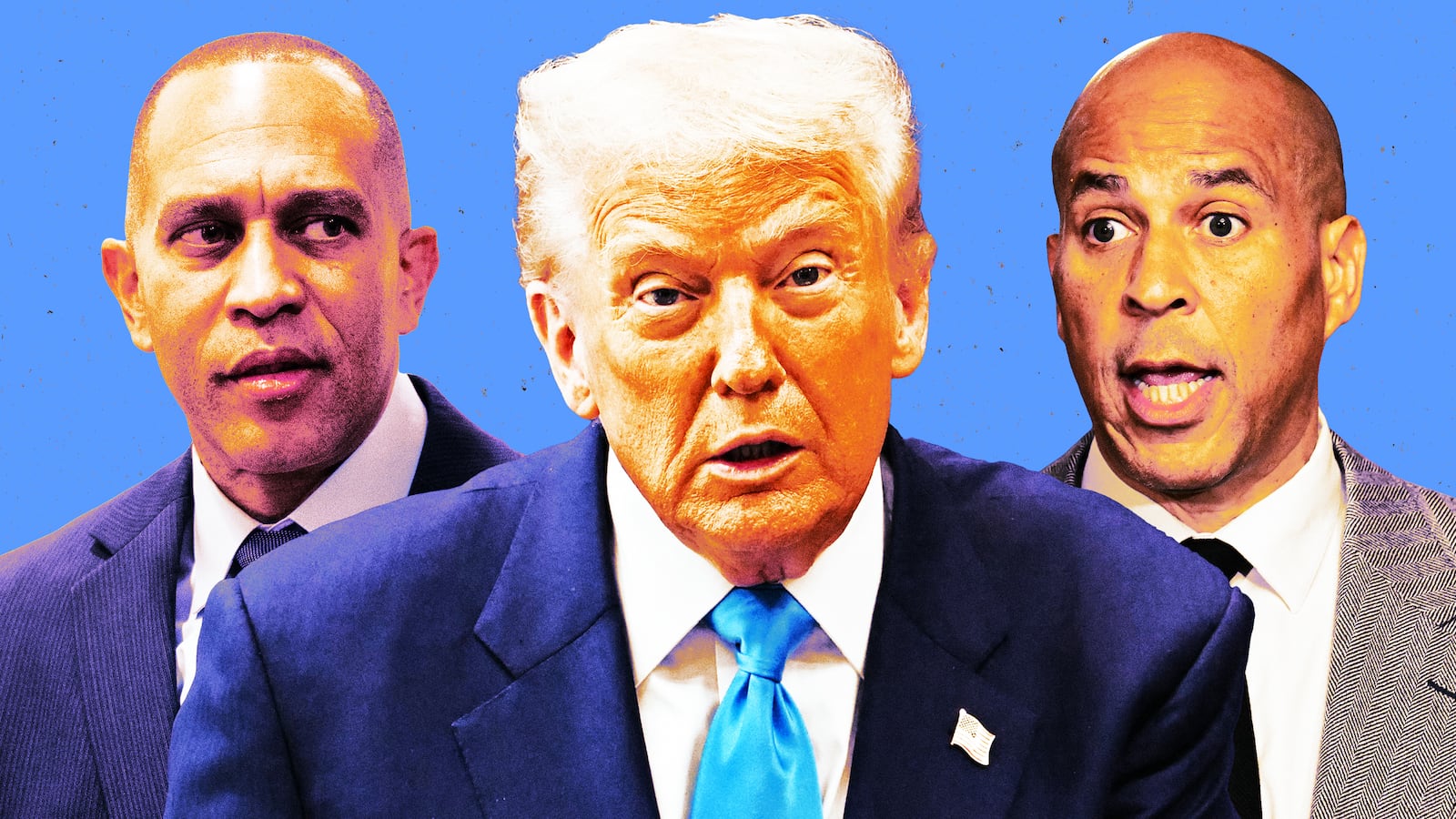 A photo illustration of Hakeem Jeffries, Donald Trump, and Corey Booker.