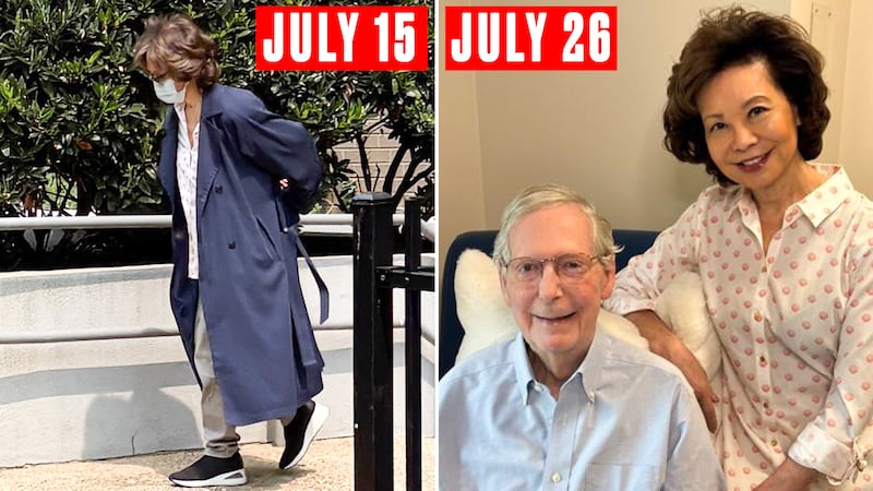 A composite of Mitch McConnell's wife, Elaine Lan Chao leaves hospital on July 15, 2026, and a photo released of Chao and McConnell on July 26.