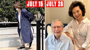 A composite of Mitch McConnell's wife, Elaine Lan Chao leaves hospital on July 15, 2026, and a photo released of Chao and McConnell on July 26.