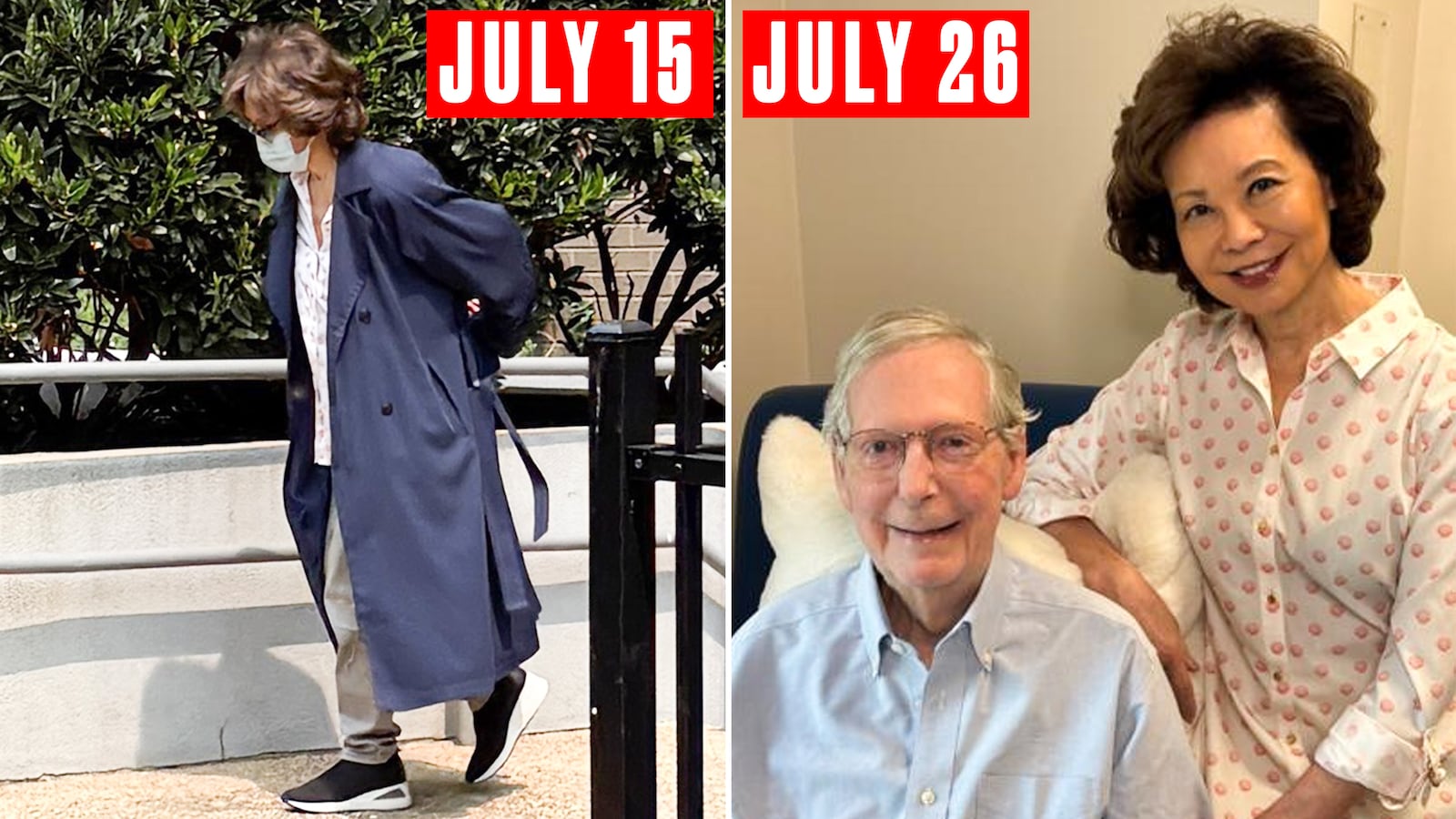 A composite of Mitch McConnell's wife, Elaine Lan Chao leaves hospital on July 15, 2026, and a photo released of Chao and McConnell on July 26.