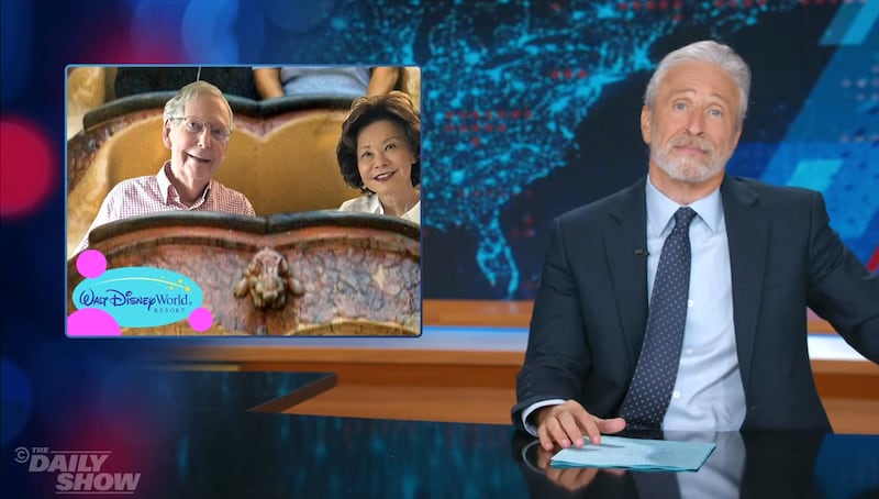 The Daily Show, Jon Stewart showing photoshopped picture of McConnell riding Splash Mountain
