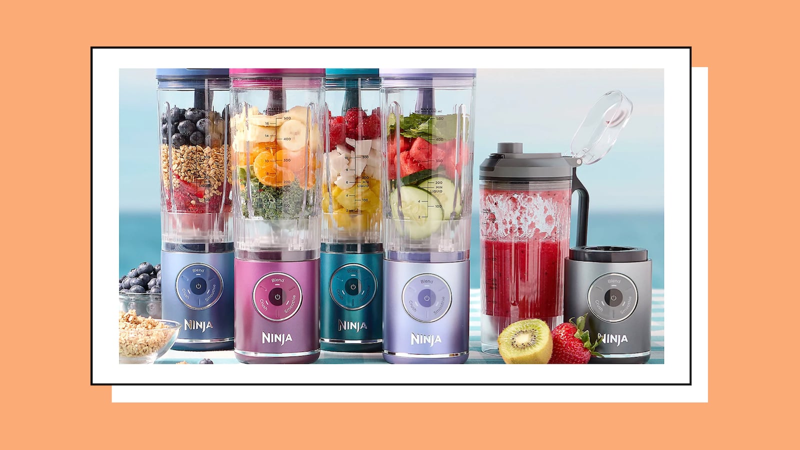 Ninja Blast MAX cordless portable blenders in multiple colors filled with fresh fruit and smoothie ingredients, showcasing 22-oz cups, one-touch controls, and on-the-go blending.
