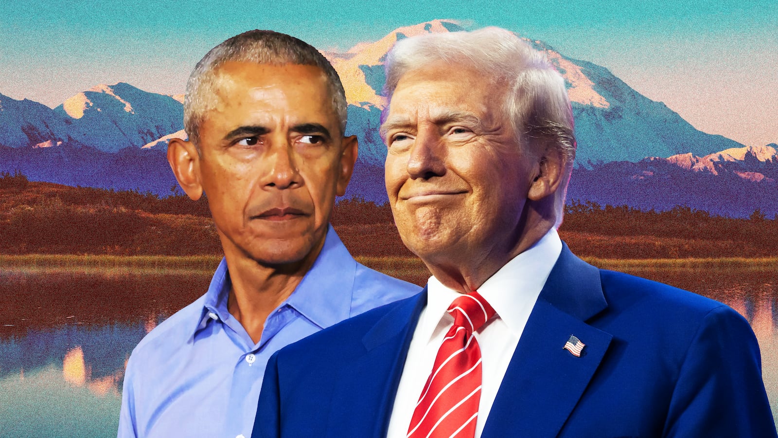 Barack Obama, Donald Trump, Denali Mountain illustration