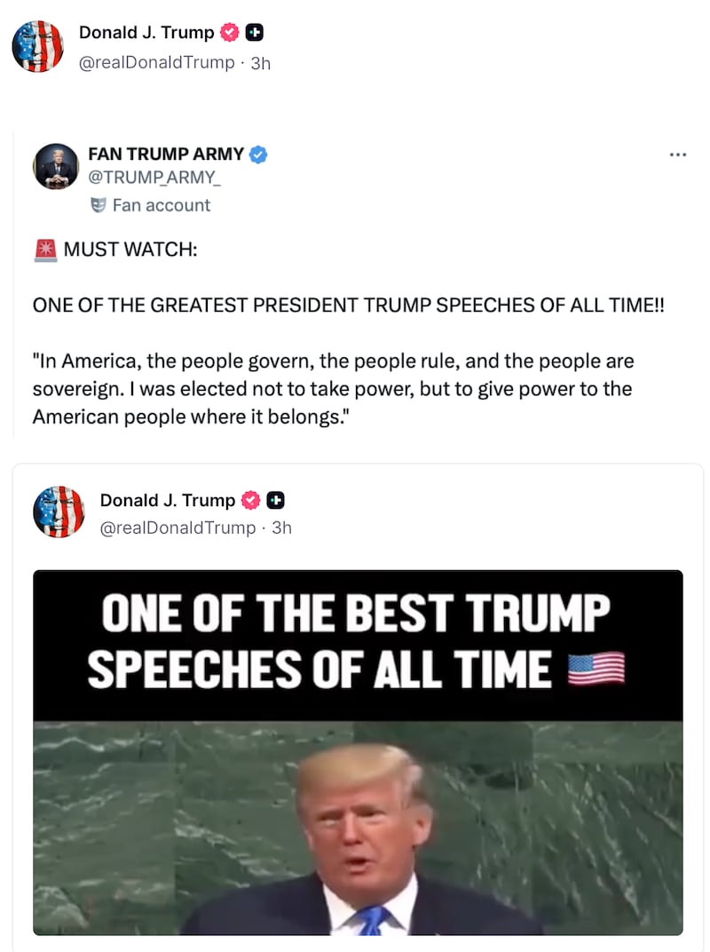 Donald Trump posts praise for himself on Truth Social.