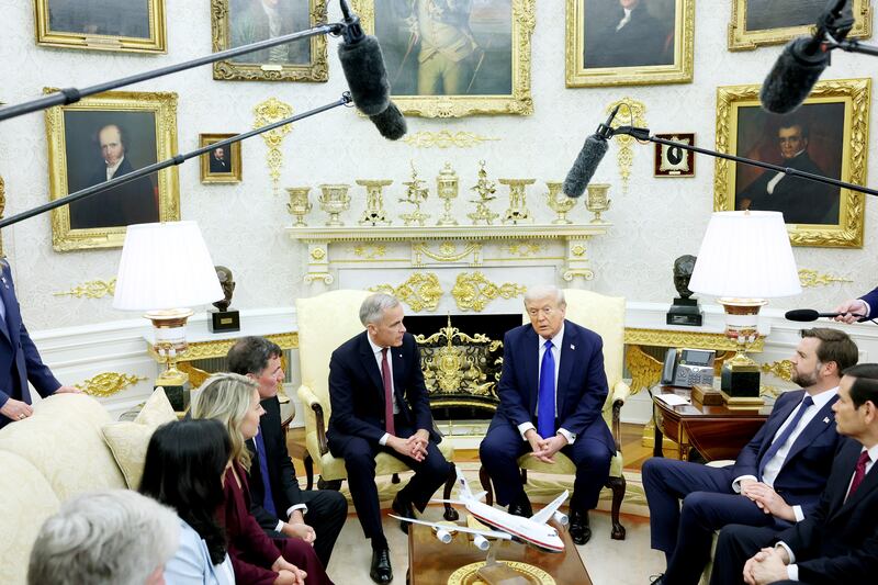 WASHINGTON, DC - OCTOBER 07: U.S. President Donald Trump (R) and Canadian Prime Minister Mark Carney speak to reporters in the Oval Office of the White House on October 07, 2025 in Washington, DC. Carney and Trump will meet in the Oval Office and later have a bilateral lunch where they are expected to discuss a range of topics including U.S. tariffs. Carney visited the White House earlier in the year after he was elected prime minister. (Photo by Anna Moneymaker/Getty Images)