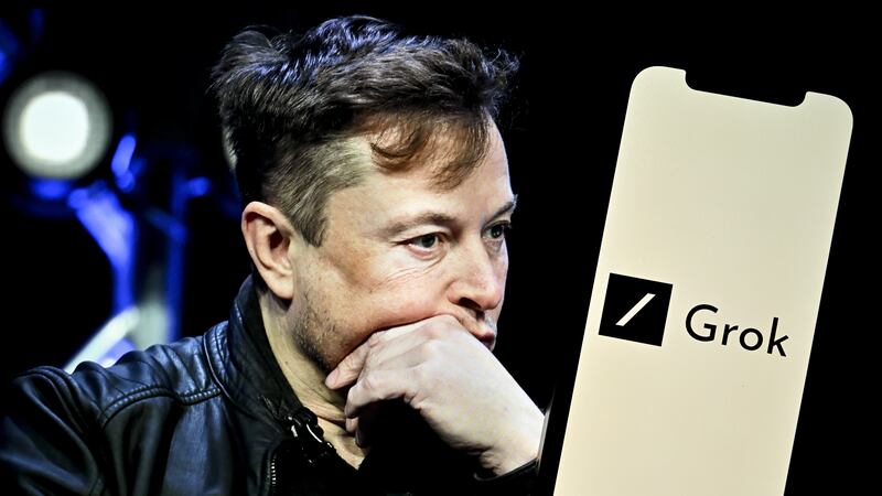 In this photo illustration, Elon Musk's photo is displayed in front of Grok logo on a phone screen, in Ankara, Turkiye on November 7, 2023.