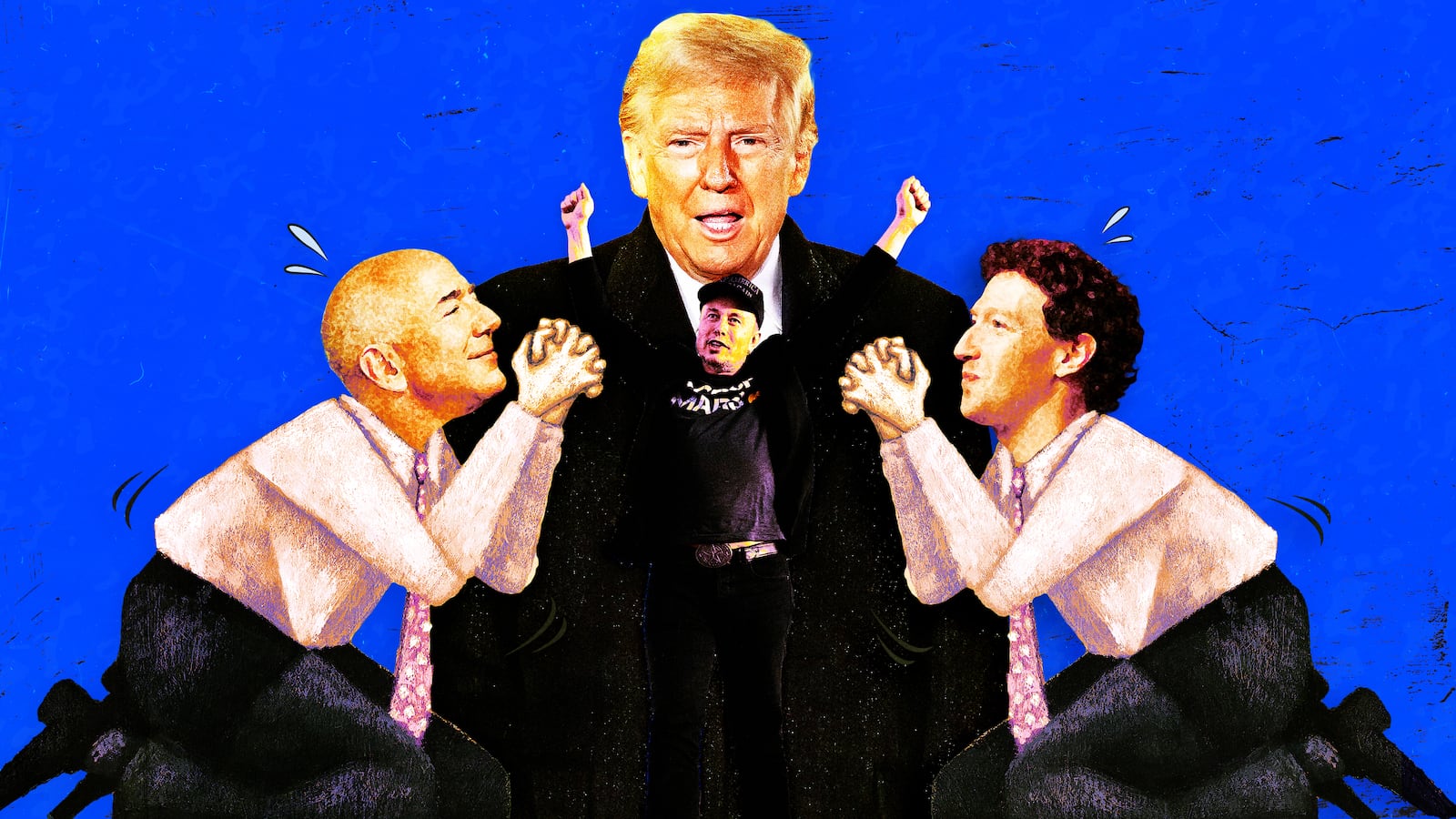 A photo illustration of Jeff Bezos, Donald Trump, Elon Musk, and Mark Zuckerberg.