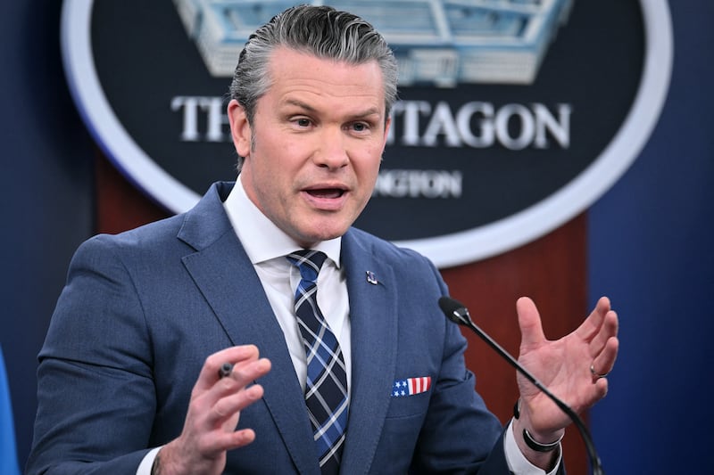 Defense Pete Hegseth speaks during a news conference at the Pentagon in Washington, DC, on March 19, 2026.