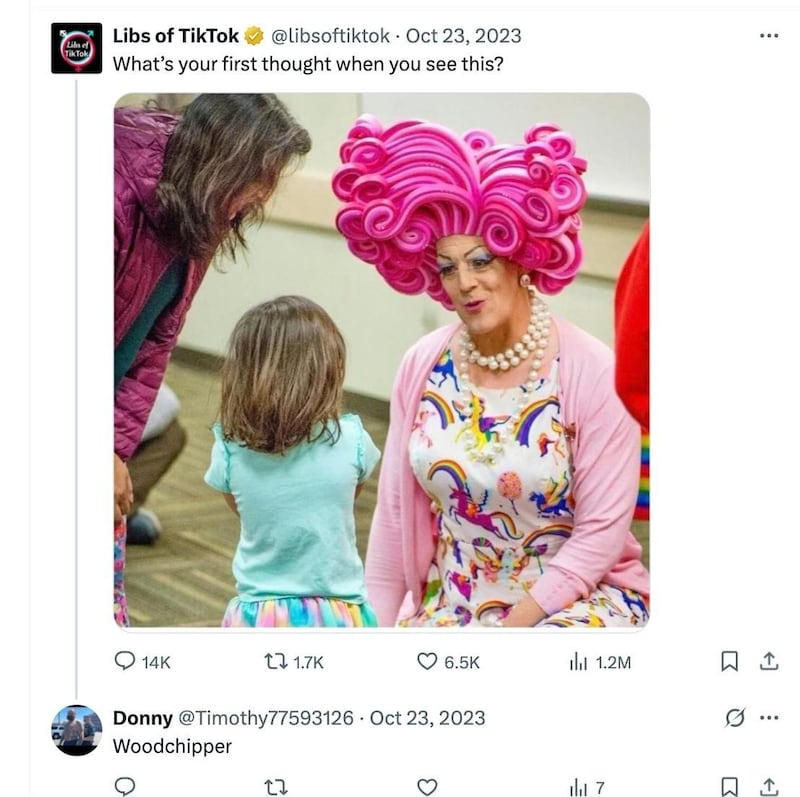 Donahue wrote that “woodchipper” was his first thought in response to a picture of a drag queen speaking to a child.