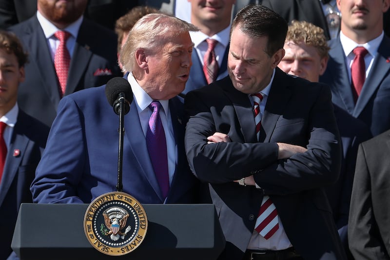 WASHINGTON, DC - MAY 11: U.S. President Donald Trump jokes with Head Coach Curt Cignetti during an event to celebrate the 2026 Football National Champion Indiana Hoosiers football team on the South Lawn of the White House on May 11, 2026 in Washington, DC. The Indiana Hoosiers defeated the Miami Hurricanes 27-21 to win their first-ever College Football Playoff National Championship on January 19, 2026. (Photo by Kevin Dietsch/Getty Images)