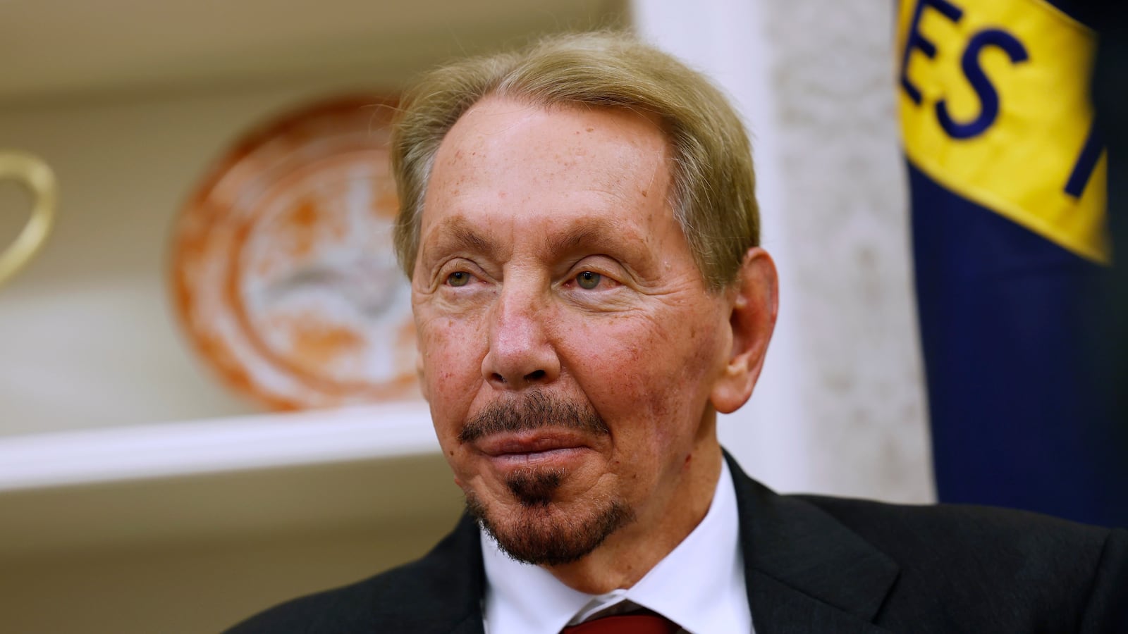 WASHINGTON, DC - FEBRUARY 03: Oracle co-founder, CTO and Executive Chairman Larry Ellison listens as U.S. President Donald Trump speaks to reporters in the Oval Office of the White House on February 03, 2025 in Washington, DC. After signing a series of executive orders and proclamations, Trump spoke to reporters about a range of topics including recent negotiations with Mexico on tarriffs. (Photo by Anna Moneymaker/Getty Images)