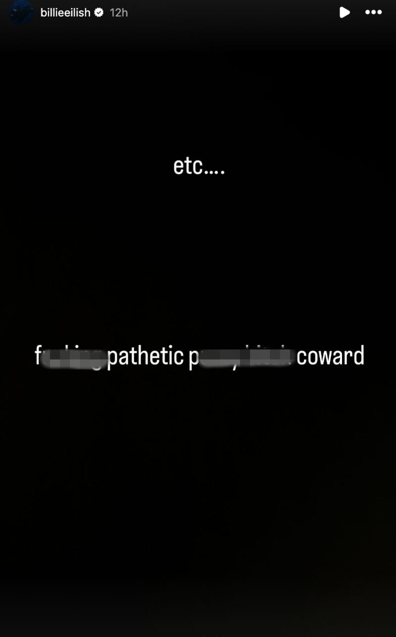 Billie Eilish’s Instagram story insulting Elon Musk.