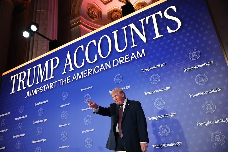 WASHINGTON, DC - JANUARY 28: U.S. President Donald Trump arrives on stage before delivering remarks during the Treasury Department's Trump Accounts Summit at Andrew W. Mellon Auditorium on January 28, 2026 in Washington, DC. "Trump Accounts" are a portion of recently passed tax and spending legislation where the federal government will deposit $1,000 into investment accounts for every child born between 2025 and 2028 once parents sign their children up while filing their income taxes. (Photo by Win McNamee/Getty Images)