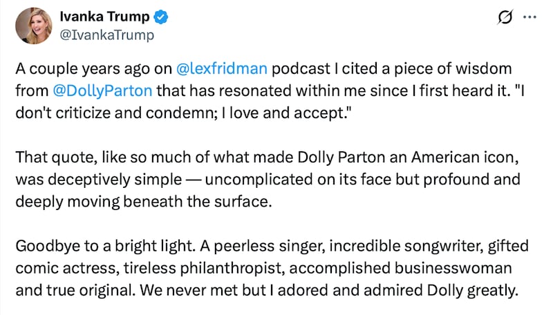 Ivanka Trump posts a tribute to Dolly Parton.