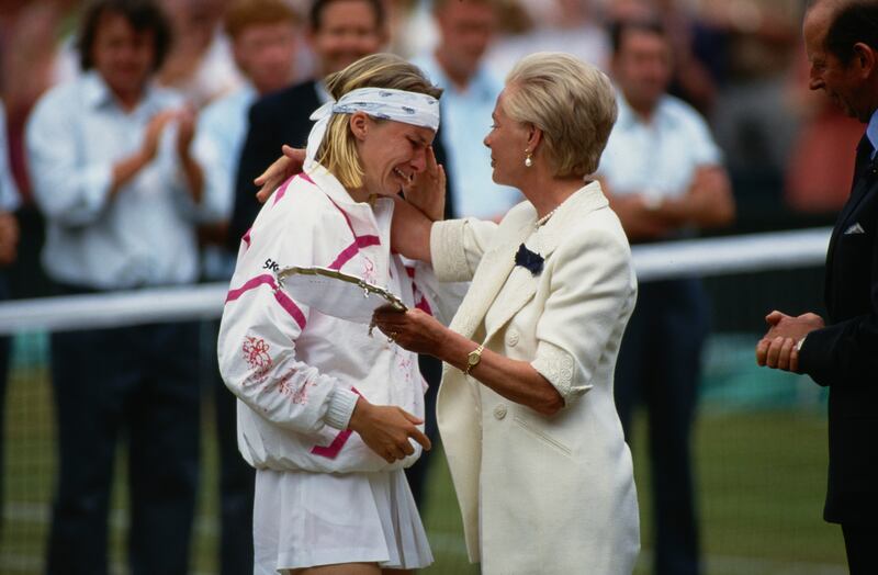 Czech tennis player Jana Novotna (1968-2017) is consoled by British Royal Katharine, Duchess of Kent