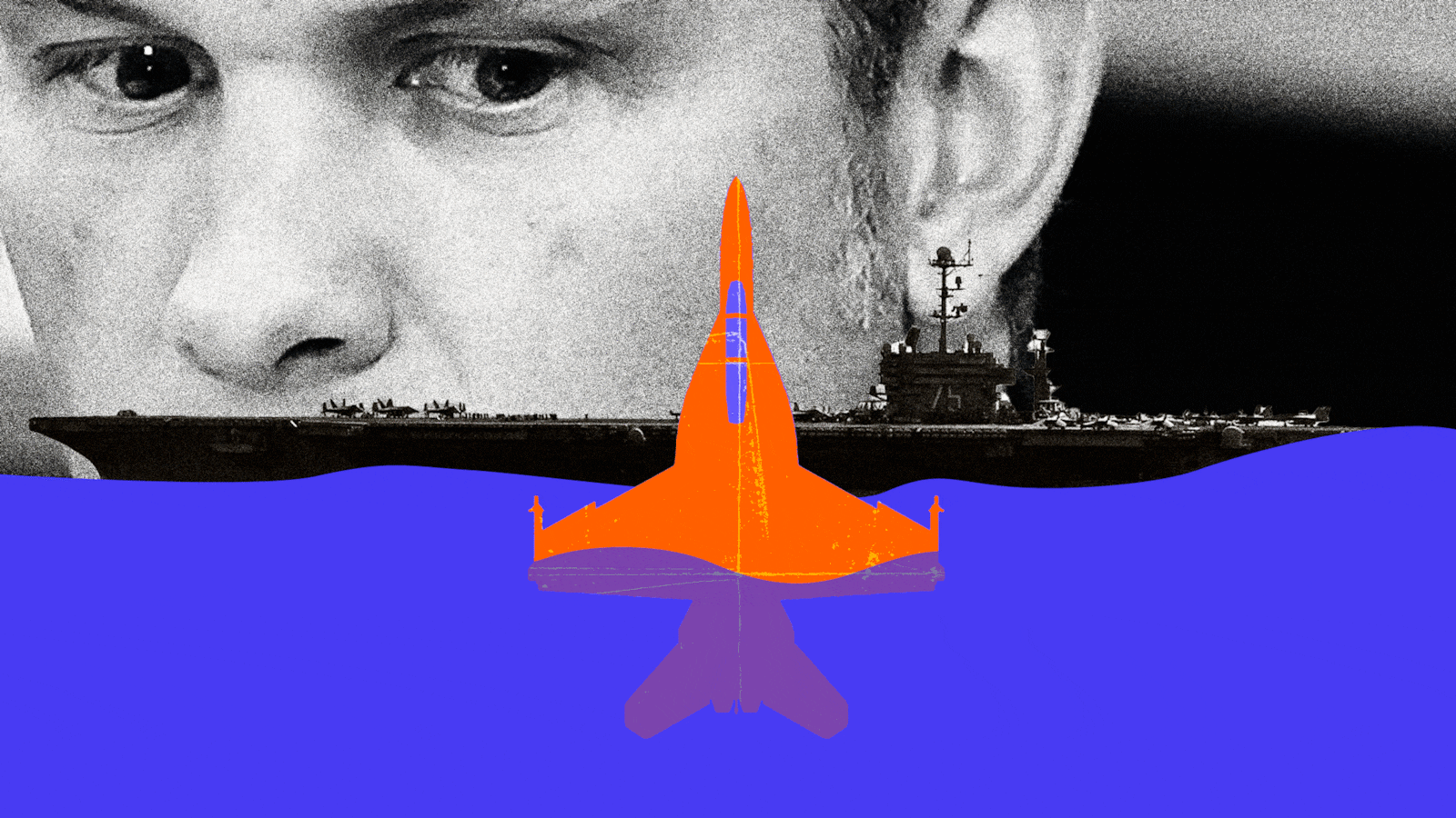 Photo illustrative gif of a plane bobbing up and down in water in front of the USS Harry Truman and Pete Hegseth