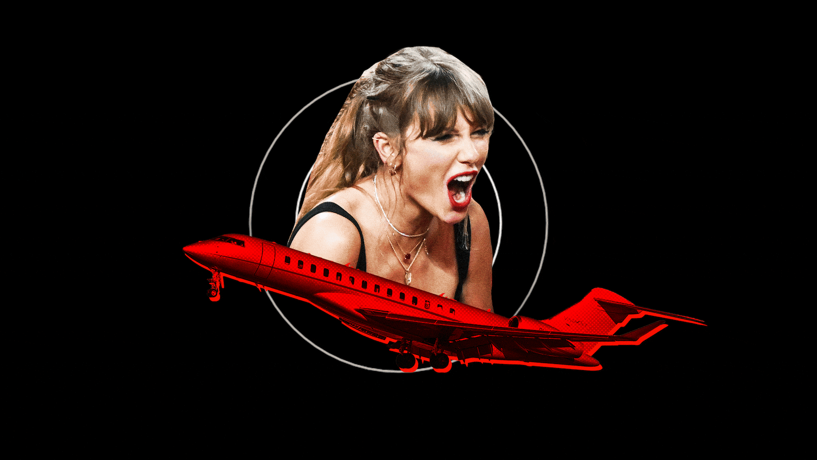 An animation of Taylor Swift, a private jet, and sound waves.