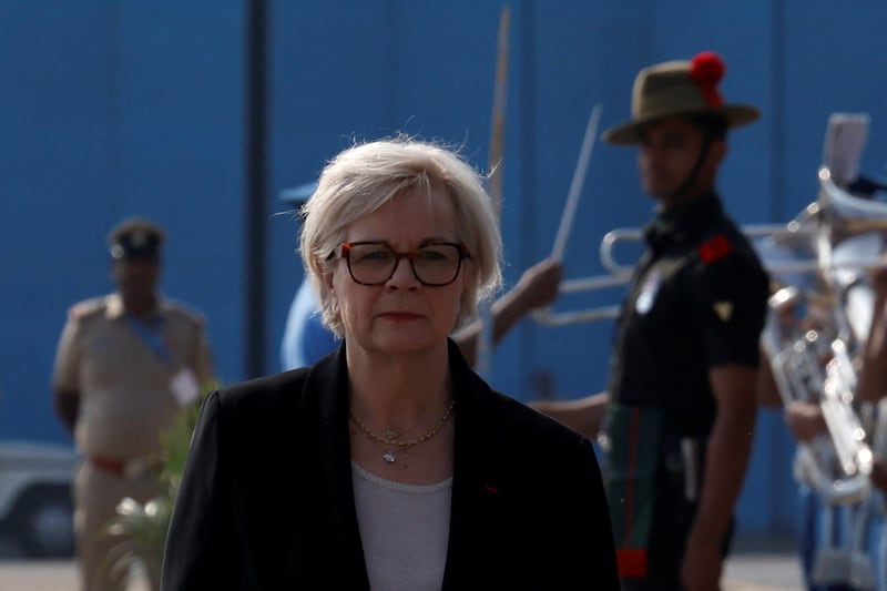 French Defence Minister Catherine Vautrin inspects an guard of honour upon her arrival at the HAL airport in Bengaluru, India, February 17, 2026. REUTERS/Priyanshu Singh