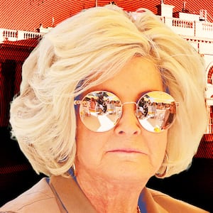 A photo illo illustration of White House Chief of Staff Susie Wiles in front of The White House.