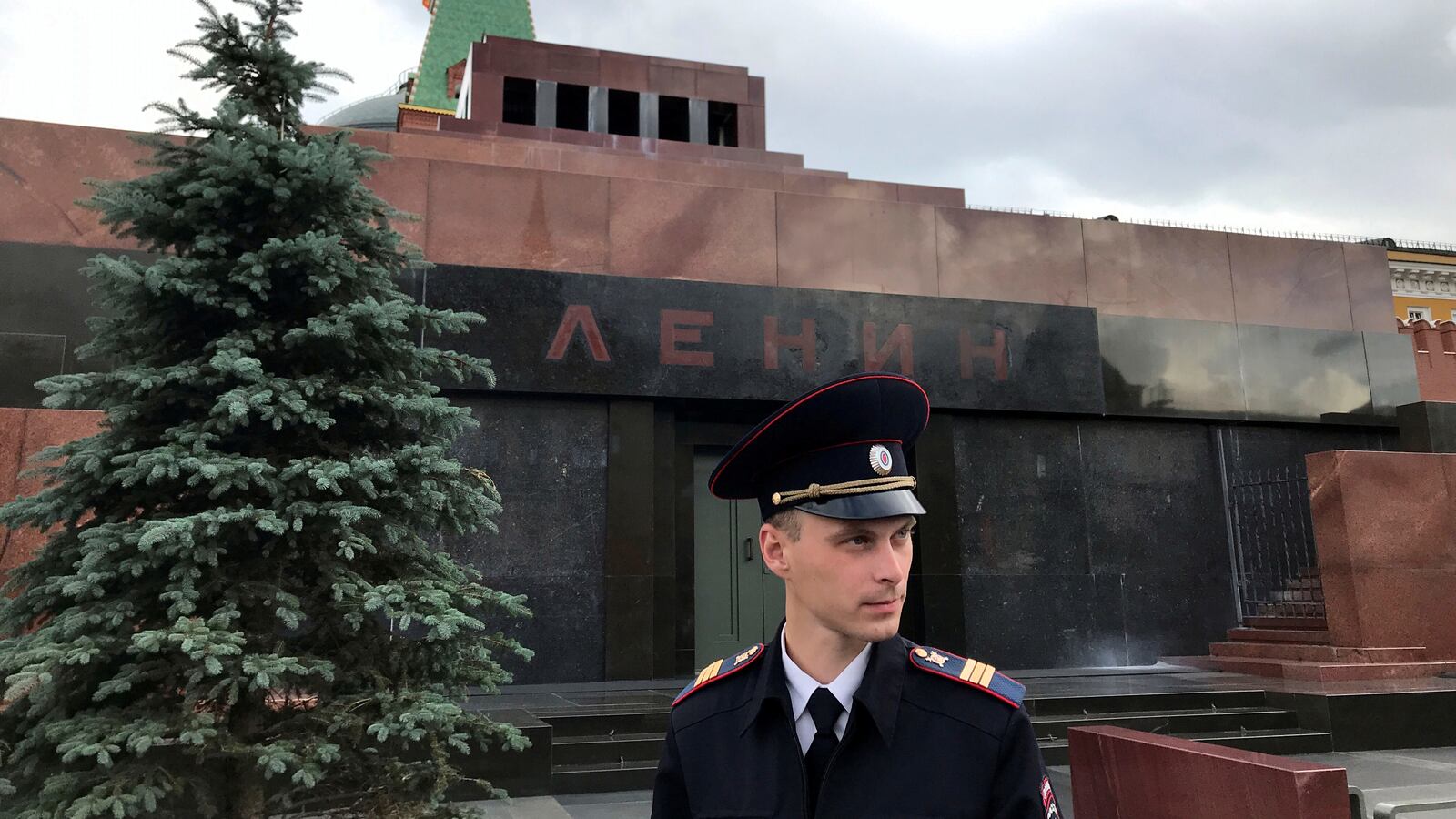 A guard stands in front of the Lenin Mausoleum, where Vladimir Lenin’s remains are displayed, in Red Square, Moscow, Russia.