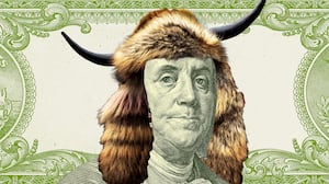 Illo illustration of Benjamin Franklin from the $100 bill wearing the QAnon Shaman's hat from January 6