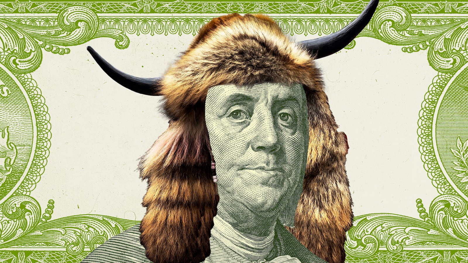Illo illustration of Benjamin Franklin from the $100 bill wearing the QAnon Shaman's hat from January 6